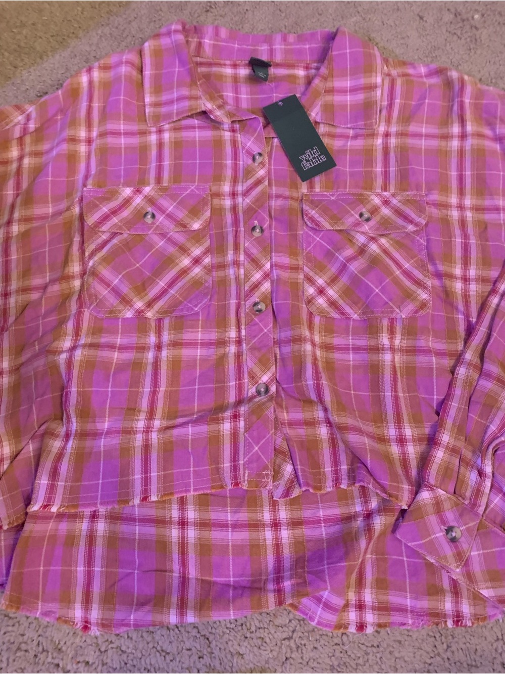 wild fable Pink and Brown Plaid Button-Down crop Shirt